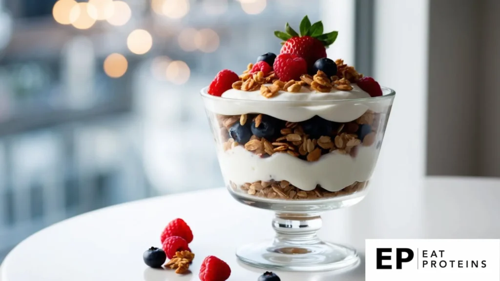 A glass parfait dish filled with layers of Greek yogurt, granola, and fresh mixed berries, sitting on a white table