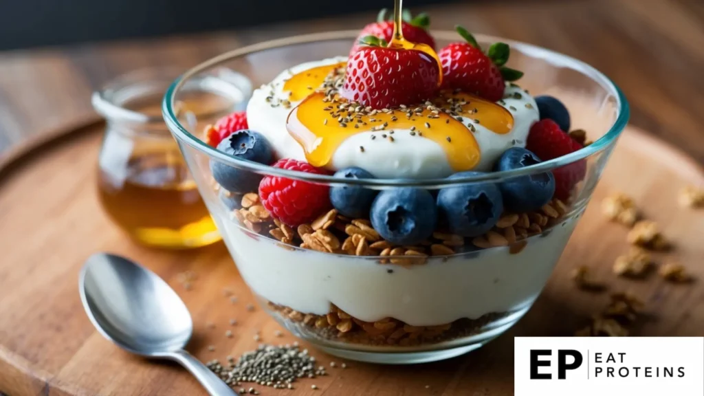 A glass parfait dish filled with layers of Greek yogurt, fresh berries, and granola, topped with a drizzle of honey and a sprinkle of chia seeds