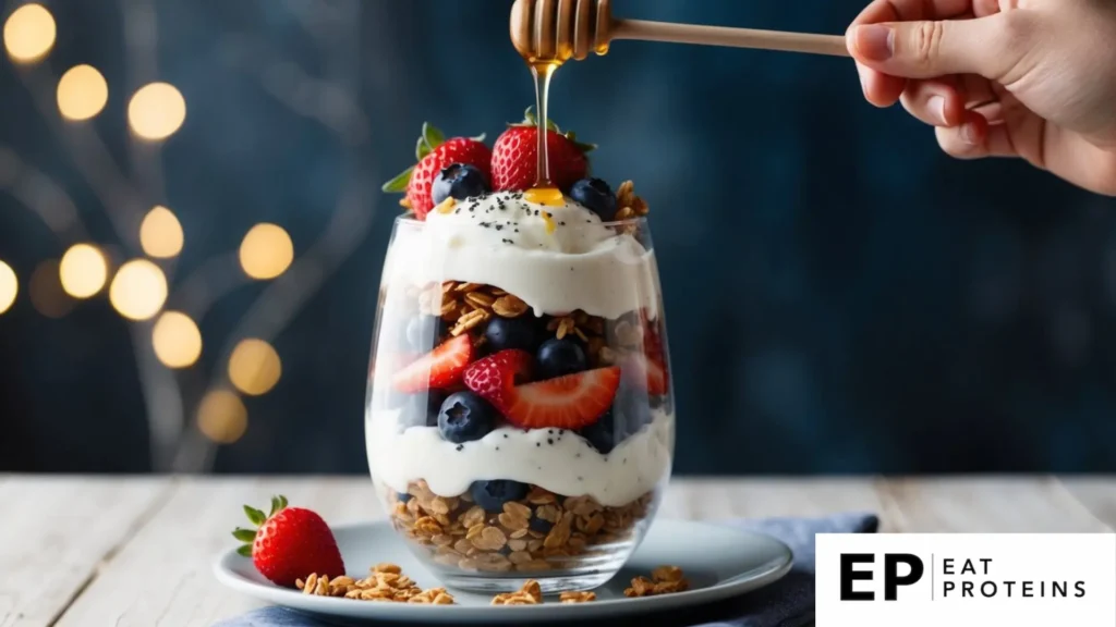 A glass parfait dish filled with layers of Greek yogurt, granola, and fresh berries, topped with a drizzle of honey and a sprinkle of chia seeds