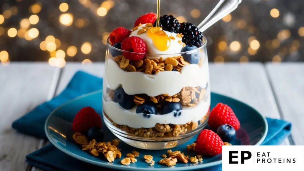 A glass parfait dish filled with layers of Greek yogurt, granola, and fresh berries, topped with a drizzle of honey