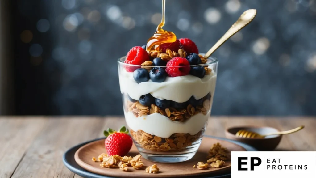 A glass parfait dish filled with layers of Greek yogurt, fresh berries, and granola, topped with a drizzle of honey