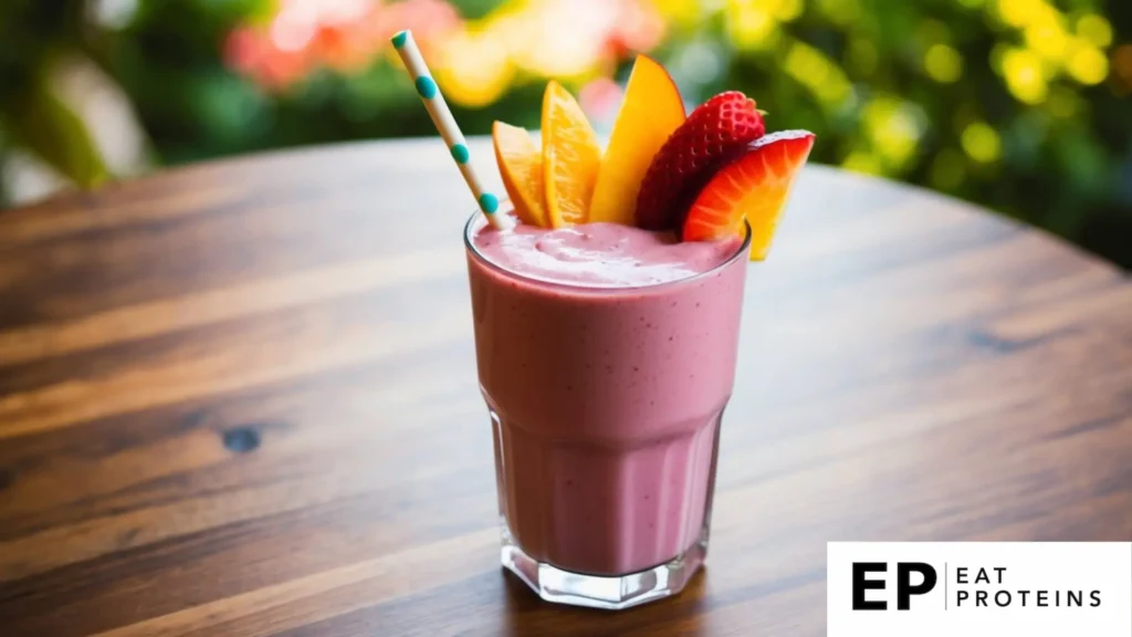 a glass of berry and Greek yogurt smoothie, garnished with slices of strawberry and orange