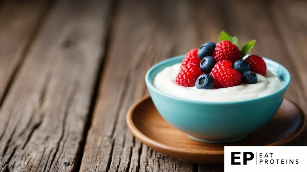 A bowl of Greek yogurt topped with fresh berries on a wooden table