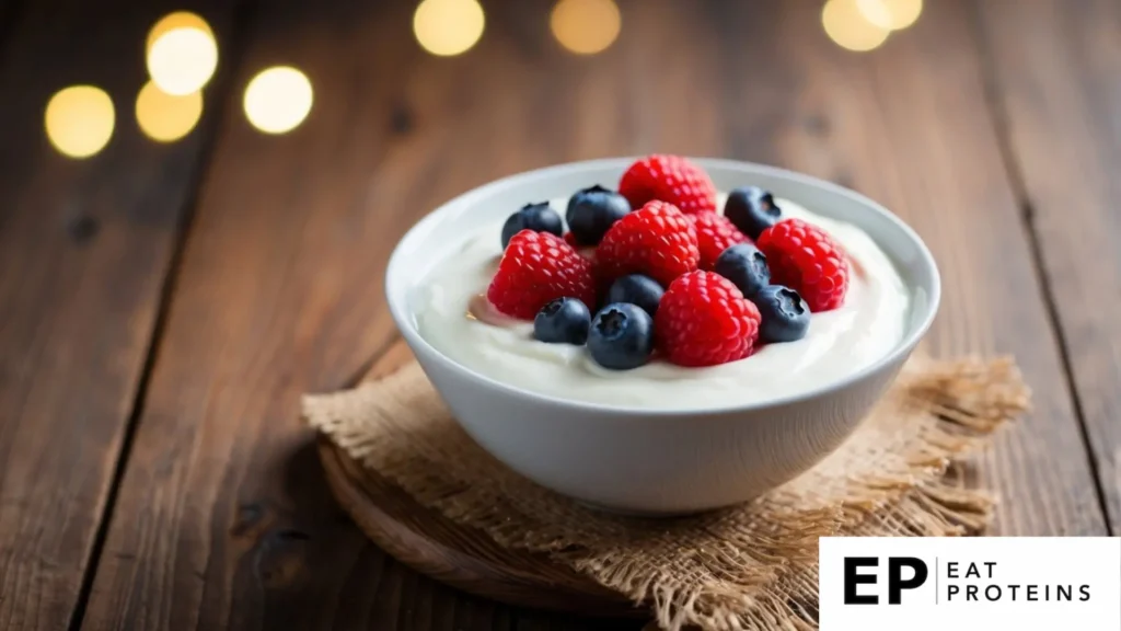 A bowl of Greek yogurt topped with fresh berries on a wooden table