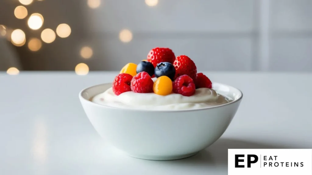 A bowl of Greek yogurt topped with a colorful assortment of fresh berries on a clean, white surface