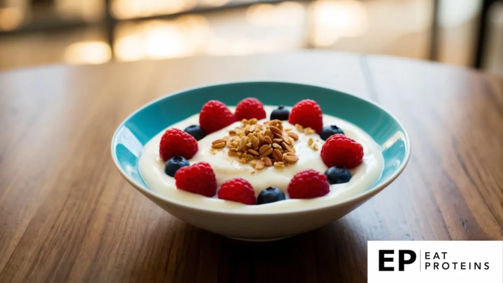 A bowl of Greek yogurt topped with fresh berries and a sprinkle of granola, sitting on a wooden table