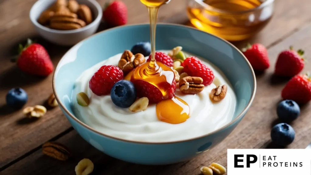 A bowl of Greek yogurt topped with a drizzle of honey, surrounded by fresh berries and nuts on a wooden table