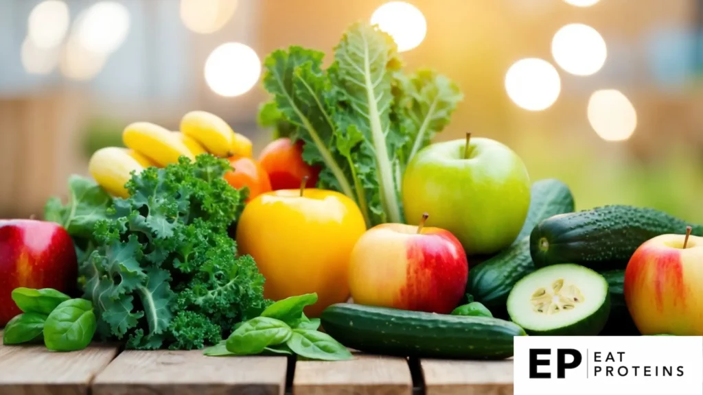 A colorful array of fresh fruits and vegetables, including kale, spinach, cucumber, and apples, arranged on a wooden table