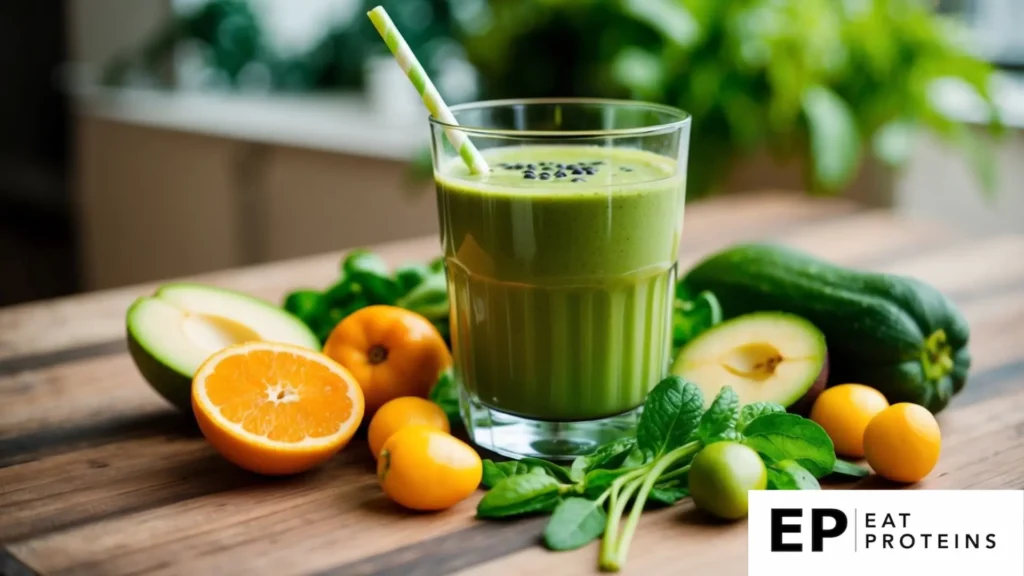 A glass of green detox smoothie surrounded by fresh fruits and vegetables on a wooden table