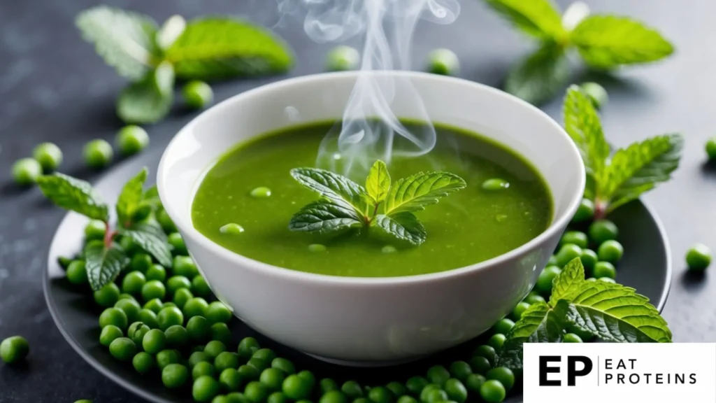 A steaming bowl of green pea and mint soup surrounded by fresh mint leaves and a scattering of whole green peas