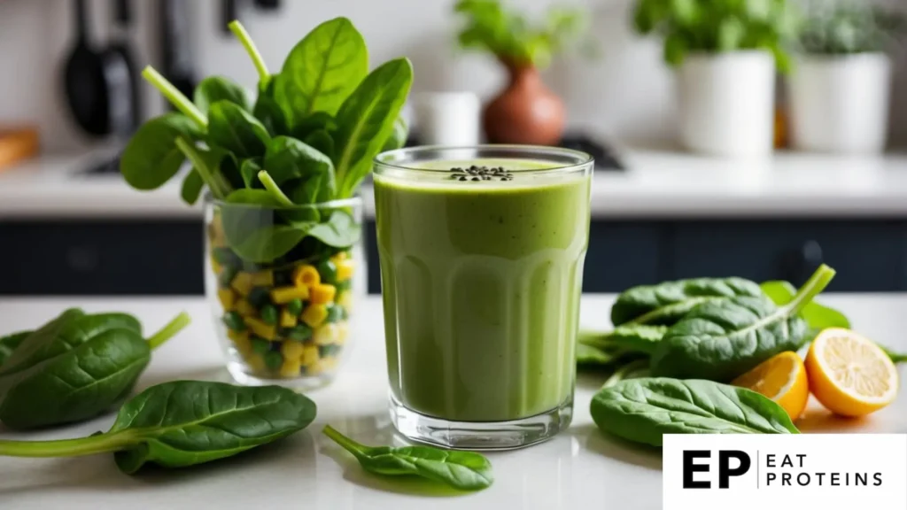 A glass of green smoothie surrounded by fresh spinach leaves and other ingredients on a kitchen counter