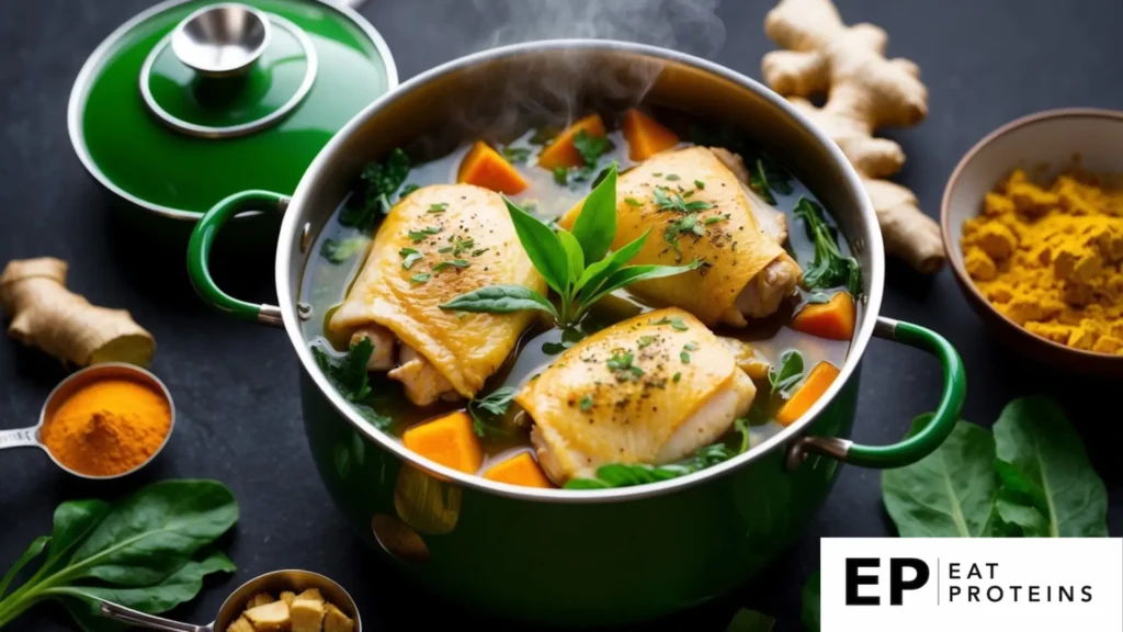 A pot of green tea simmering with chicken, surrounded by colorful ingredients like ginger, turmeric, and leafy greens