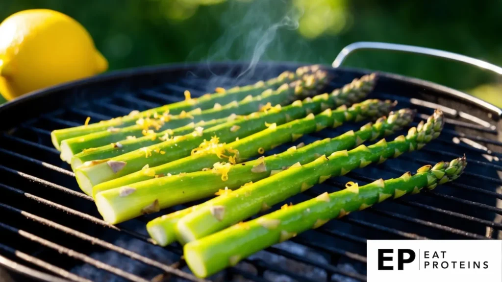 Fresh asparagus spears grilling on a hot barbecue, sprinkled with lemon zest for a kidney-friendly diet recipe