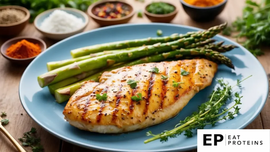 A sizzling grilled chicken breast and fresh asparagus on a plate, surrounded by colorful spices and herbs