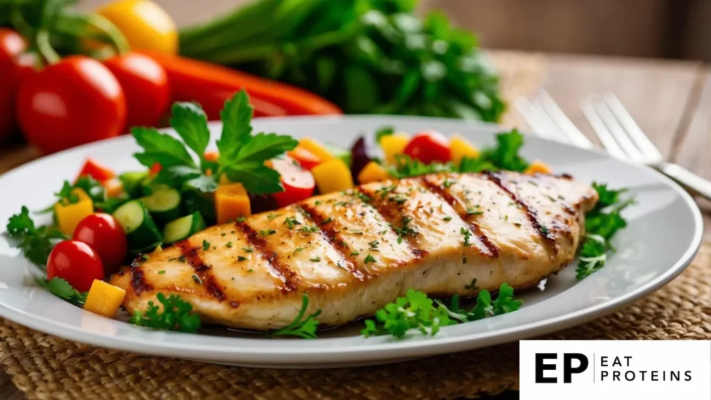 A plate of grilled chicken breast surrounded by colorful vegetables and herbs