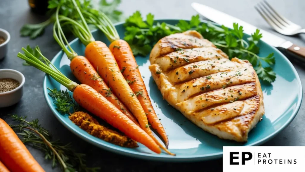 A grilled chicken breast sits on a plate next to a colorful arrangement of cooked carrots. The dish is surrounded by fresh herbs and spices