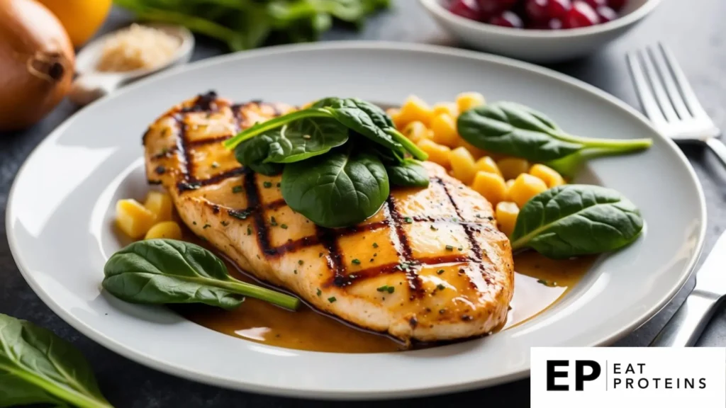 A plate of grilled chicken breast topped with spinach and surrounded by fresh ingredients