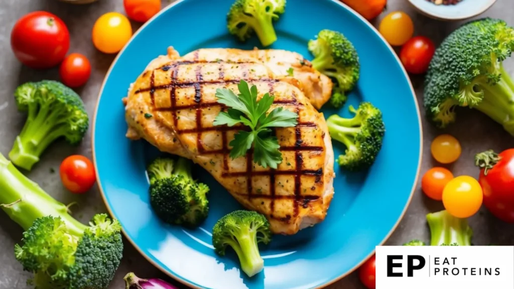 A plate of grilled chicken and broccoli surrounded by colorful ingredients