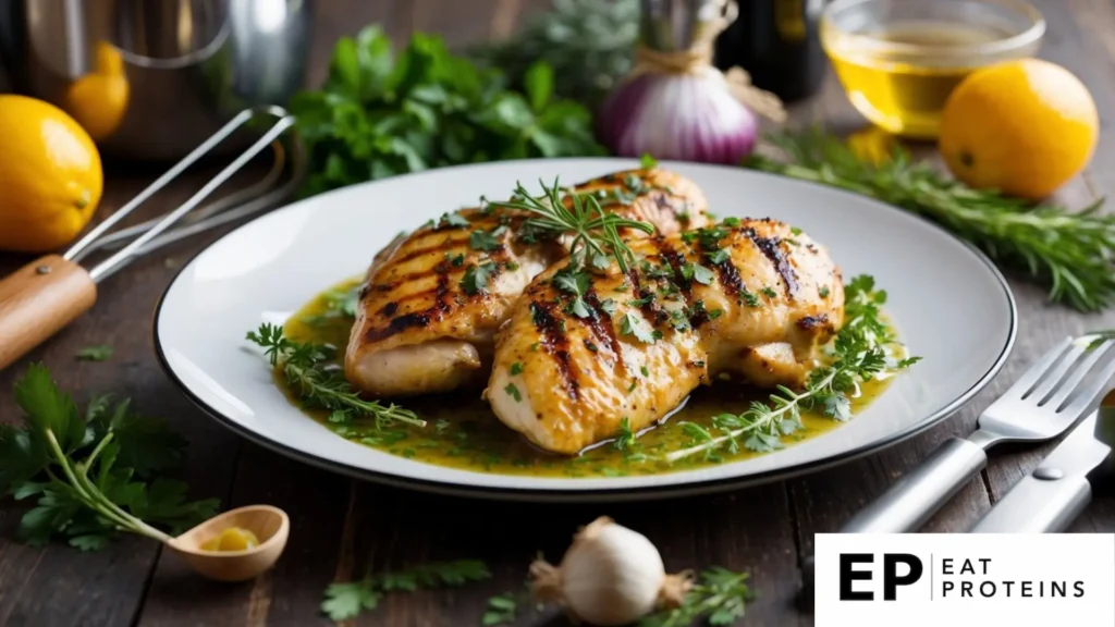 A plate of grilled chicken garnished with herbs, surrounded by fresh ingredients and cooking utensils