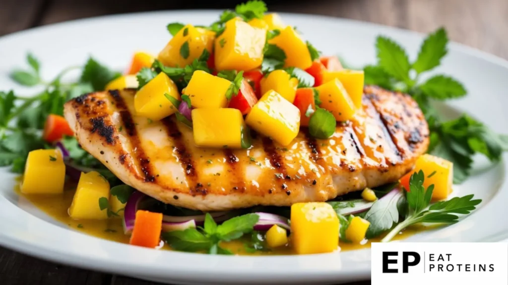 A sizzling grilled chicken breast topped with vibrant mango salsa, surrounded by fresh herbs and colorful vegetables on a white plate