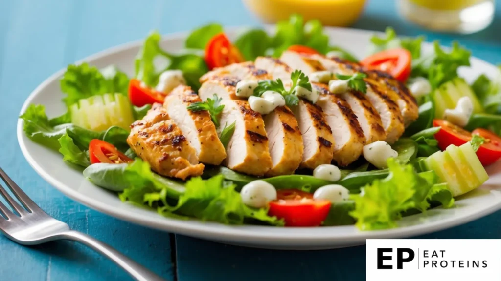 A plate of grilled chicken salad surrounded by fresh vegetables and a light vinaigrette dressing