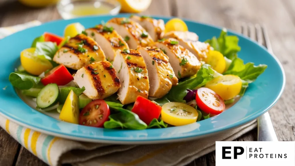 A colorful plate of grilled chicken salad surrounded by fresh vegetables and a light vinaigrette dressing