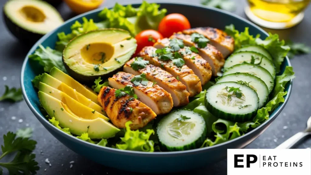 A colorful plate with grilled chicken, avocado, and fresh greens, surrounded by vibrant vegetables 