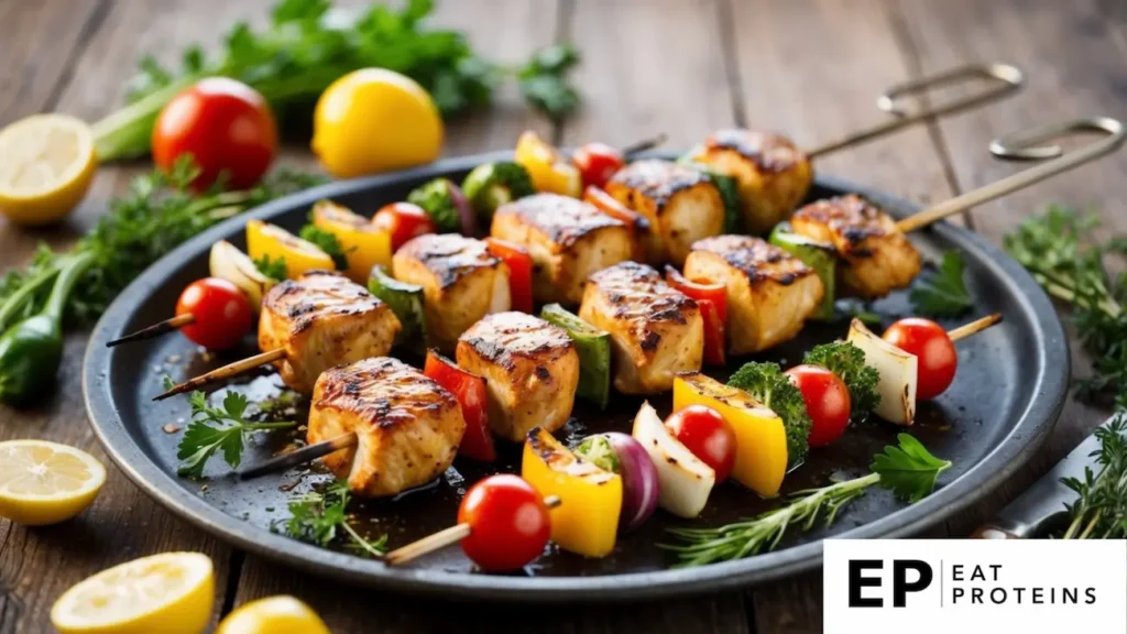 A sizzling skewer of grilled chicken, surrounded by colorful Mediterranean vegetables and herbs on a rustic platter