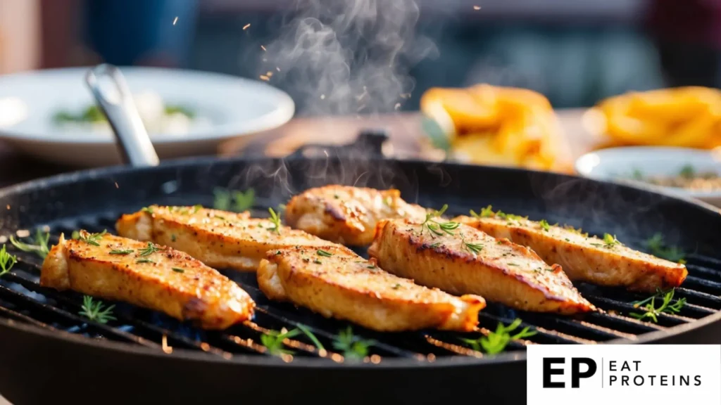 A sizzling grill with juicy chicken strips surrounded by herbs and spices