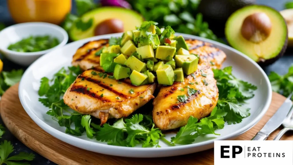 A plate of grilled chicken topped with vibrant avocado salsa, surrounded by fresh ingredients and herbs