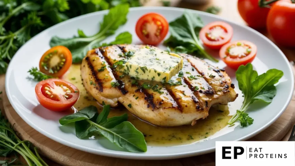 A plate of grilled chicken topped with herb butter surrounded by kidney-friendly ingredients like leafy greens, tomatoes, and herbs