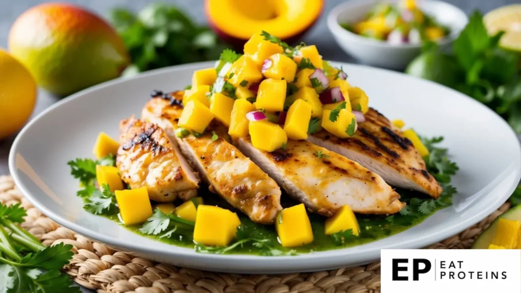 A plate of grilled chicken topped with vibrant mango salsa, surrounded by fresh ingredients and herbs