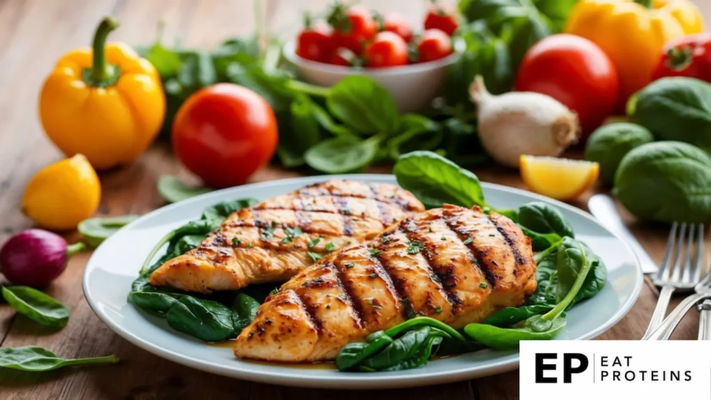 A plate of grilled chicken and spinach surrounded by colorful, fresh ingredients