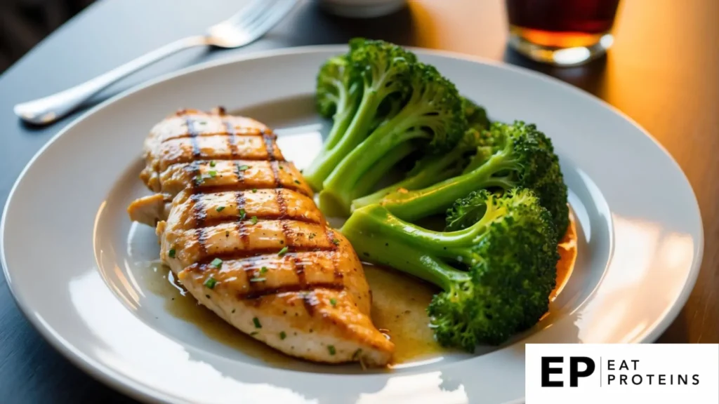 A plate of grilled chicken and steamed broccoli on a table