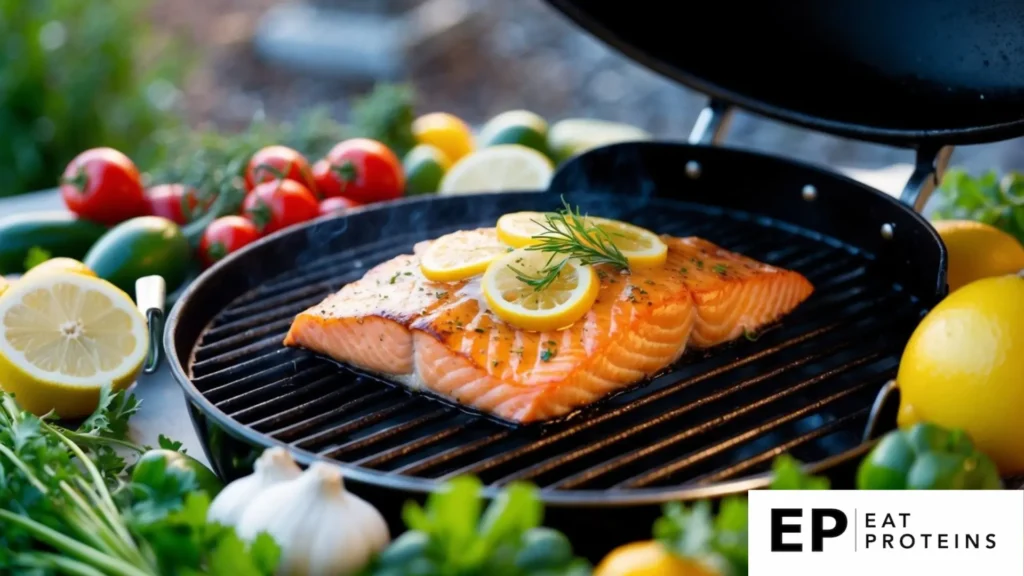 A sizzling salmon fillet with a lemon-dijon glaze grilling on a barbecue surrounded by colorful Mediterranean vegetables and herbs