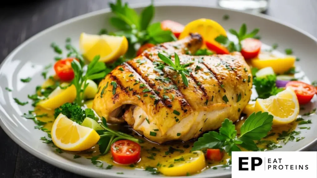 A sizzling grilled lemon herb chicken dish surrounded by fresh herbs and colorful vegetables on a dinner plate