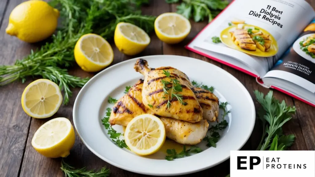 A plate of grilled lemon herb chicken surrounded by fresh herbs and lemon slices, with a cookbook open to a page titled "11 best dialysis diet recipes."