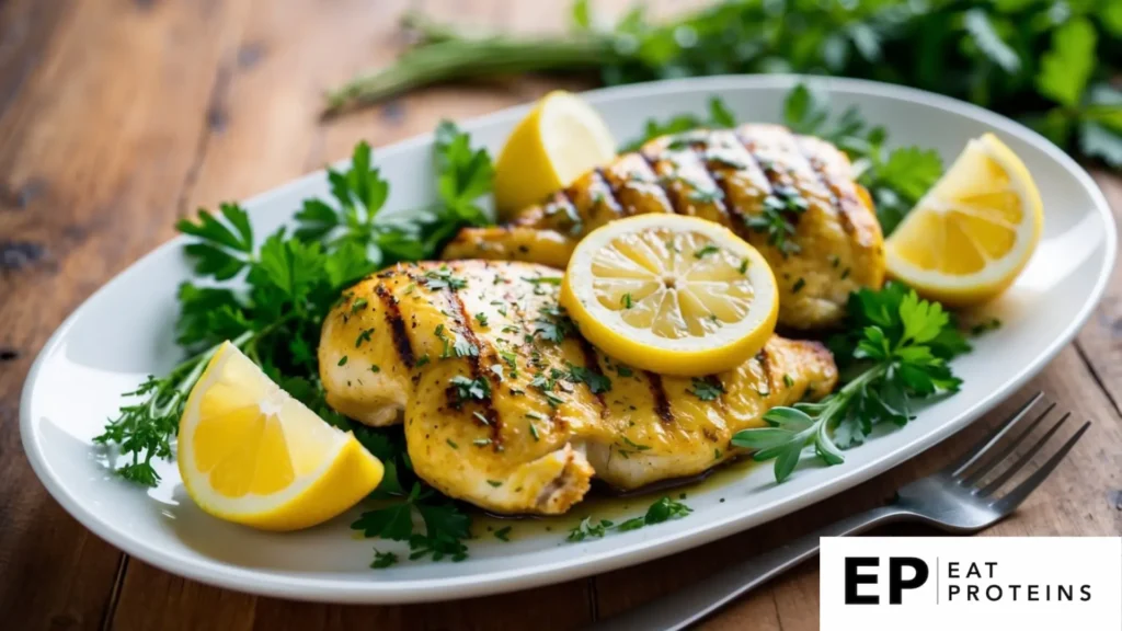 A plate of grilled lemon herb chicken surrounded by fresh herbs and lemon slices on a wooden table