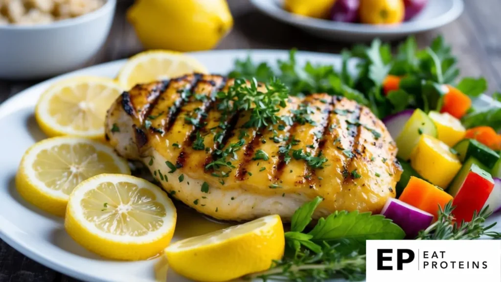 A plate of grilled lemon herb chicken surrounded by fresh herbs and sliced lemons, with a side of colorful low-sodium vegetables