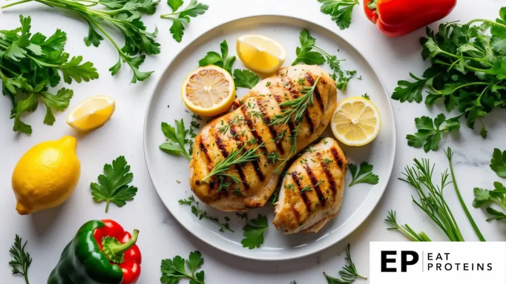 A plate of grilled lemon herb chicken surrounded by fresh herbs and colorful vegetables on a white background