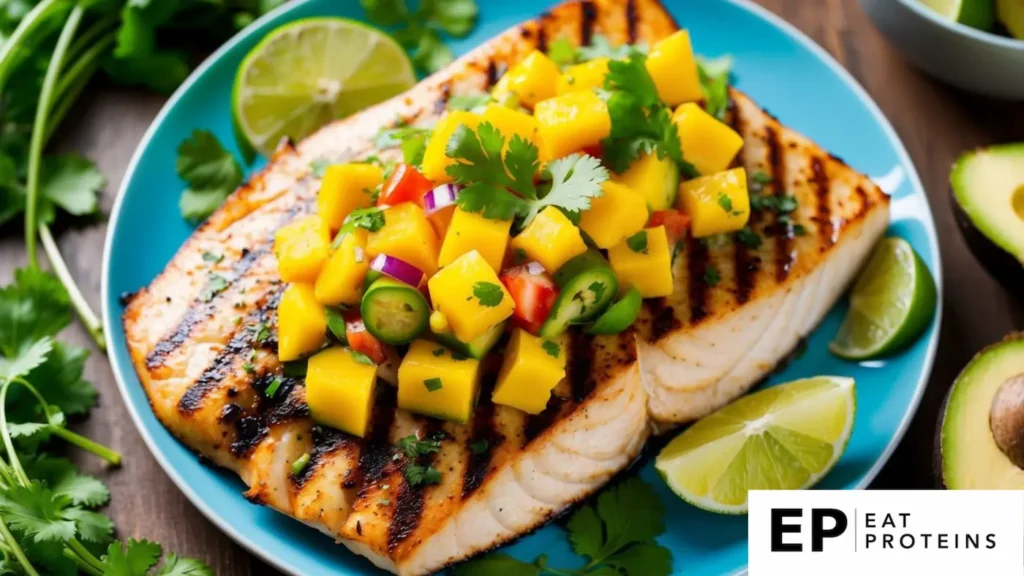 A colorful plate of grilled Mahi-Mahi topped with vibrant mango salsa, surrounded by fresh ingredients like cilantro, lime, and avocado