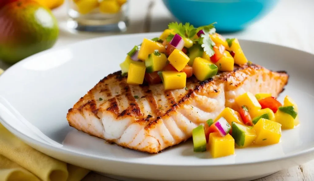 A vibrant red snapper fillet topped with colorful mango salsa on a sizzling grill