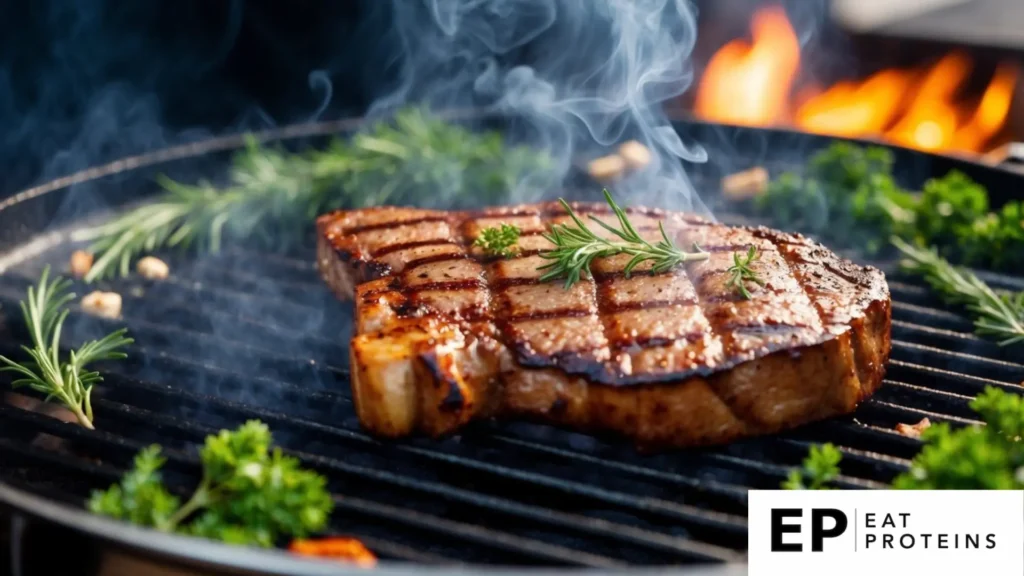 A sizzling ribeye steak on a hot grill, smoke rising, surrounded by herbs and spices