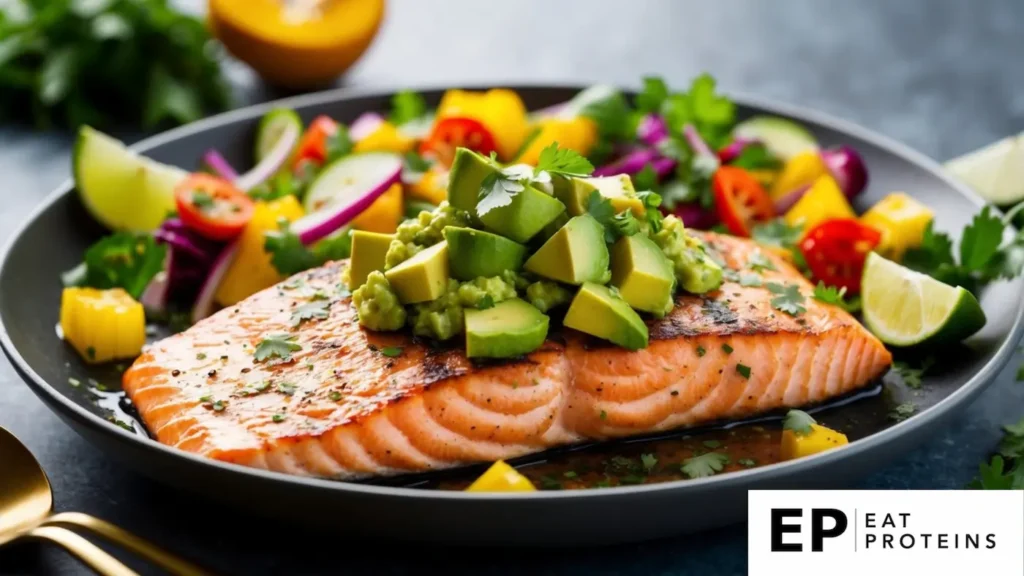 A sizzling grilled salmon fillet topped with vibrant avocado salsa, surrounded by colorful vegetables and a sprinkle of fresh herbs