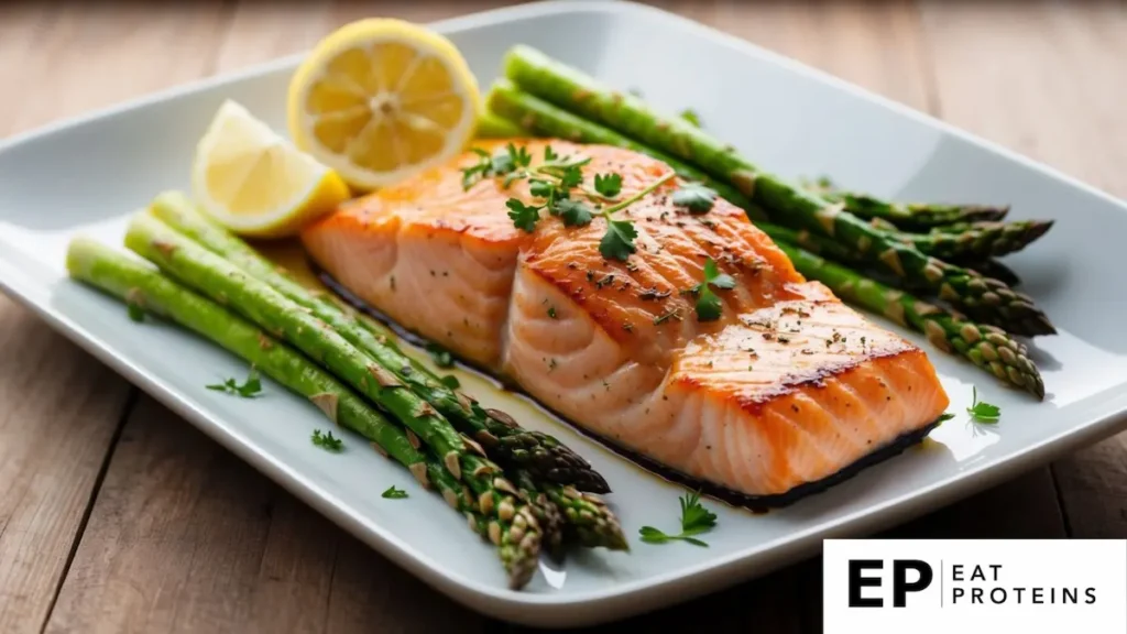 A plate of grilled salmon and asparagus served with a side of lemon, garnished with fresh herbs, on a white, rectangular dish