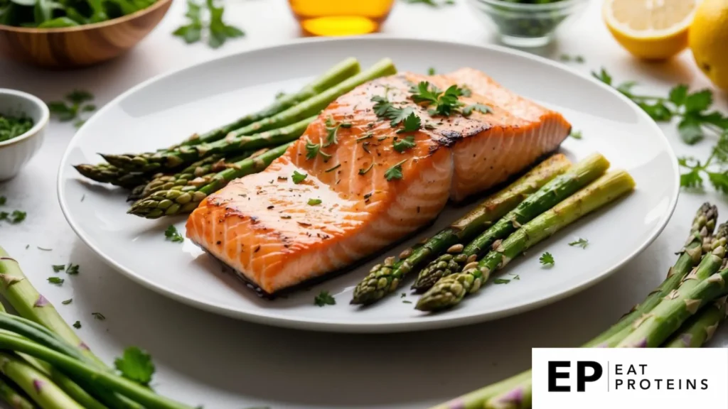 Grilled salmon and asparagus on a clean white plate surrounded by fresh ingredients and herbs