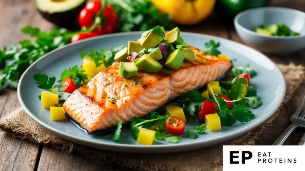 A plate of grilled salmon topped with avocado salsa, surrounded by colorful vegetables and herbs, set on a rustic wooden table