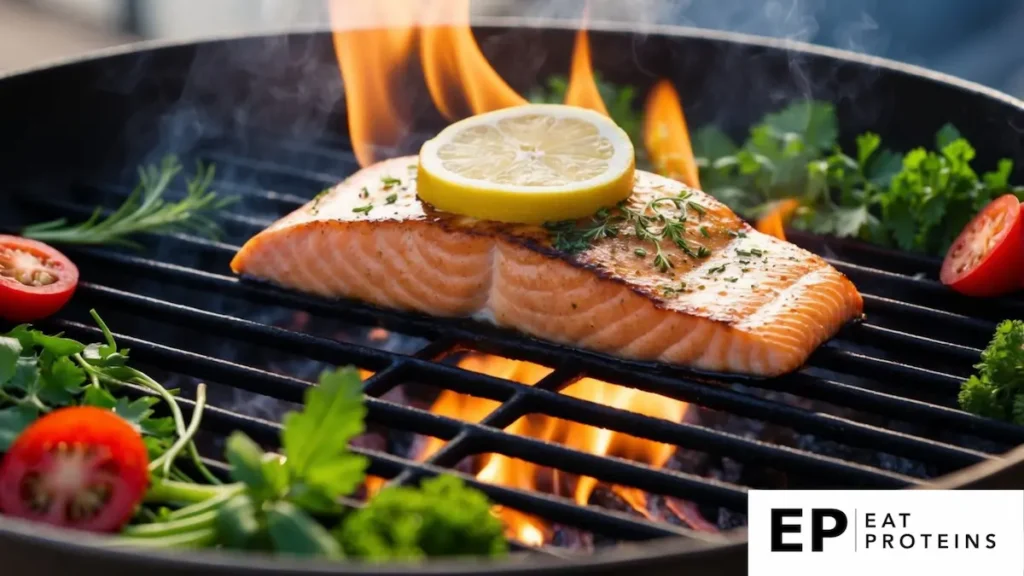 A sizzling salmon fillet is being grilled over an open flame, with a slice of lemon resting on top, surrounded by fresh herbs and vegetables