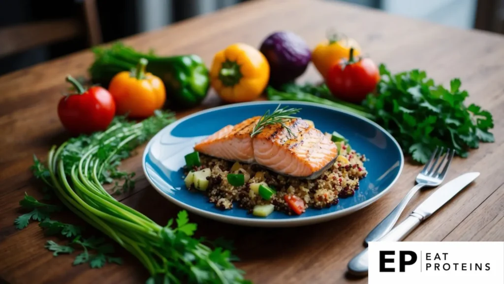 A plate of grilled salmon and quinoa surrounded by colorful vegetables and herbs on a wooden table