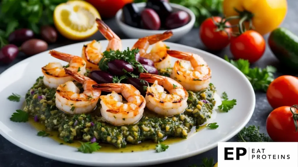 A plate of grilled shrimp topped with tapenade surrounded by colorful Mediterranean ingredients like olives, tomatoes, and herbs